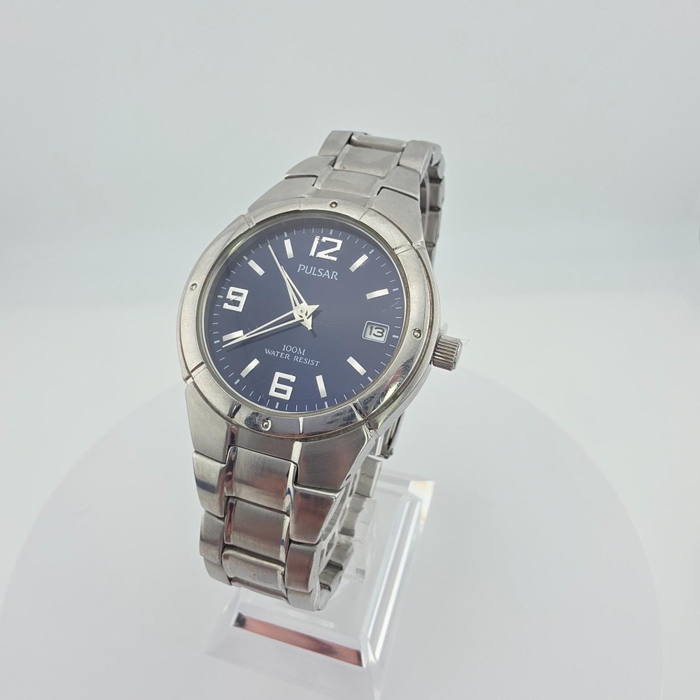 Vtg PULSAR SEIKO Men's Watch VX42-X051 Blue Date Indicator Stainless Steel 8"